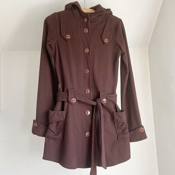 Vintage Y2K Twisted Heart America Button Down Hooded Cardigan Sweater Tie Waist - Picture 1 of 7